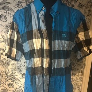 Burberry Blue Black and White Plaid Short-Sleeve Button-Down Shirt